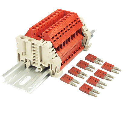 Dinkle Assembly Kit DK2.5N-RD 10 Gang Red with Jumpers DIN Rail Terminal Blocks, 12-22 AWG, 20 Amp, 600 Volt