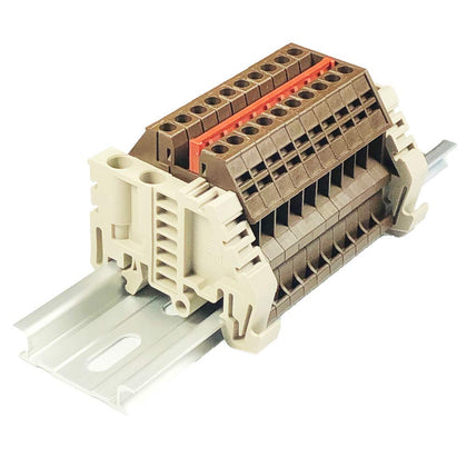 Dinkle Power Distribution DK2.5N-BR 10 Gang Box Connector DIN Rail Terminal Blocks, 12-22 AWG, 20 Amp, 600 Volt Solar Combiner Brown