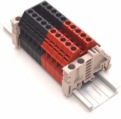 Dinkle Assembly DK4N Red/Black 10 Gang DIN Rail Terminal Blocks, 10-22 AWG, 30 Amp, 600 Volt