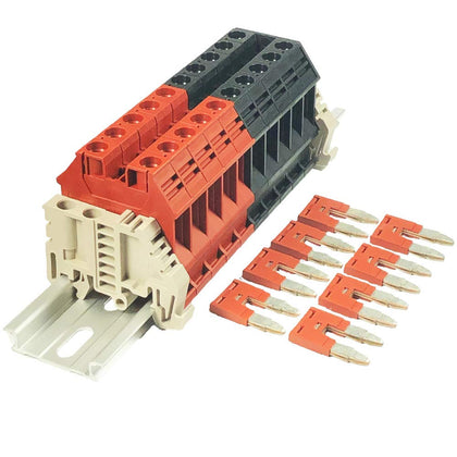 Dinkle Assembly Kit DK10N Red/Black 10 Gang with Jumpers DIN Rail Terminal Blocks, 6-20 AWG, 60 Amp, 600 Volt