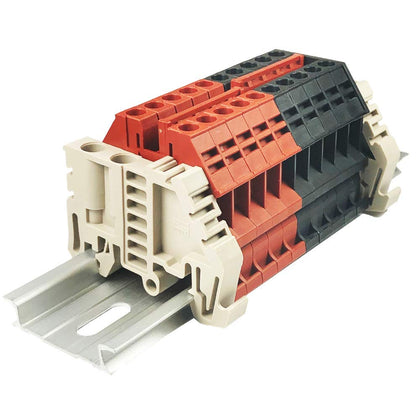Dinkle Combiner DK4N Red/Black Positive 5 Gang Negative 5 Gang Box Connector DIN Rail Terminal Blocks, 10-22 AWG, 30 Amp, 600 Volt, Common Positive Circuits, Common Negative Circuits