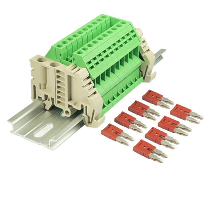 Dinkle Assembly Kit DK2.5N-GN 10 Gang Green with Jumpers DIN Rail Terminal Blocks, 12-22 AWG, 20 Amp, 600 Volt